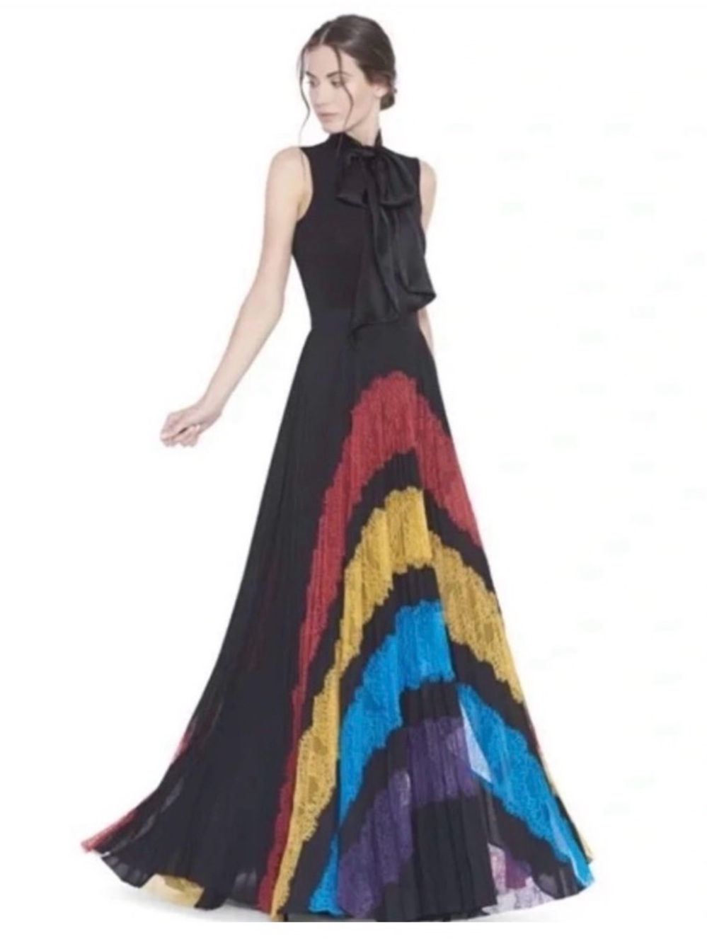 Alice + Olivia Romona Pleated Maxi Skirt Sz 4 Rainbow Lace Panel Black Mesh Long - Picture 16 of 16